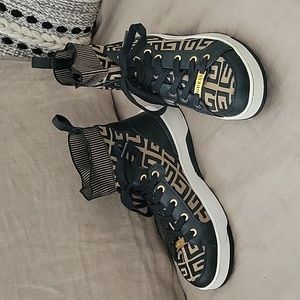 Guess Manny High-Top Sneaker Black/Brown Logo-Jacquard Knit Upper 8 M